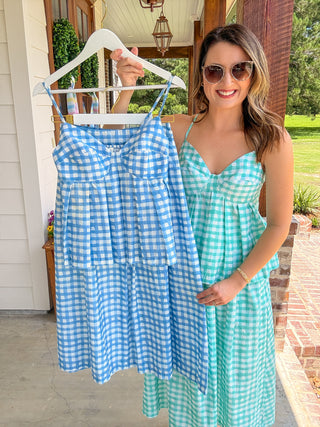 Sky Blue Gingham Midi Skirt Set