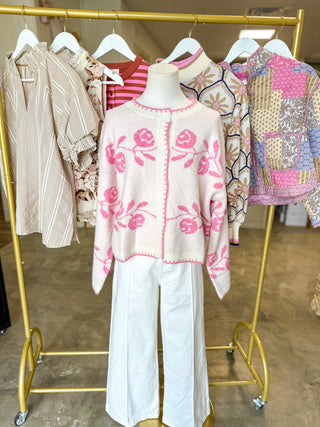 Ivory/Pink Petals & Promises Bell Sleeve Cardigan Sweater
