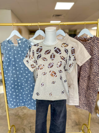 Tailgate to Touchdown Oatmeal Scattered Sequin Football Luxe Tee