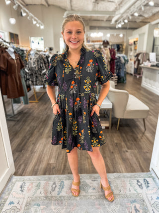 Black Whimsy Blooms Mini Dress