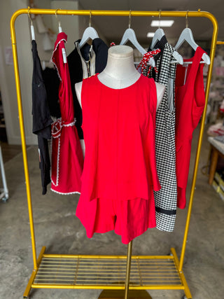Red Winning Wonder Contrast Stitch Sleeveless Shorts Set