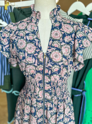 Navy Floral Conservatory Flutter Sleeve Zip Midi Dress