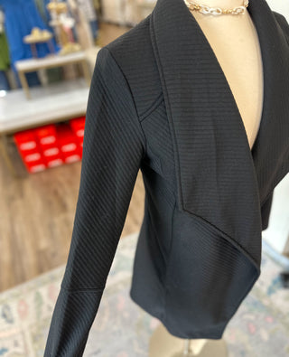 Black Textured Long Blazer with Pockets