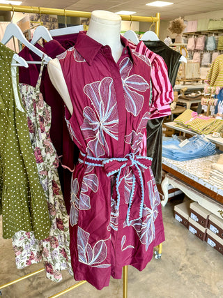 Wine Autumn Vineyard Embroidered Floral Belted Mini Dress
