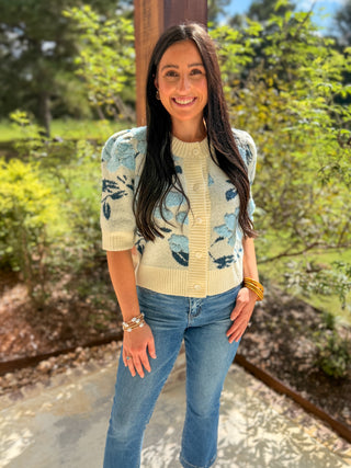 Ivory Blue Petal & Knit Short Sleeve Cardigan