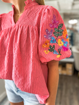 Coral Pink Seersucker Warm Floral Embroidery Bubble Sleeve Blouse