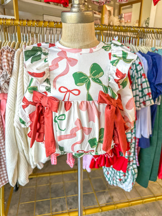 Holiday Print Christmas Bows Ruffles Girl Romper