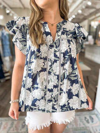 Midnight Bloom Embroidered Detail Flutter Sleeve Blouse