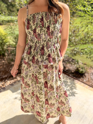 Vintage Violet Garden Pleated Midi Dress