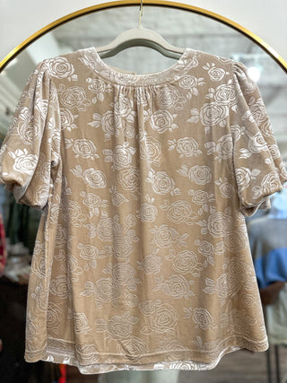 Taupe Fall Floral Roses Textured Puff Sleeve Velvet Top