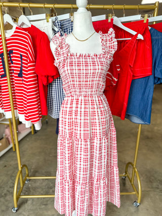 Red Plaid Smocked Tiered Midi Dress