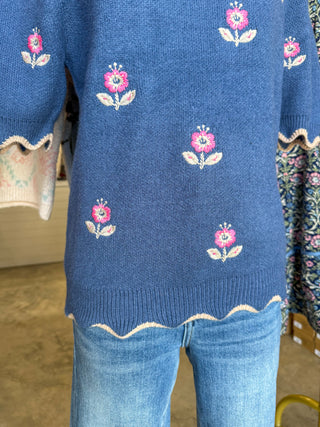 Mae Girl Blue Half Sleeve Finely Embroidered Sweater Top