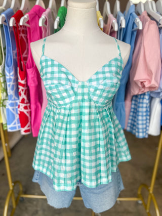 Mint Green Summer Gingham Peplum Tank Top