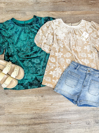 Taupe Fall Floral Roses Textured Puff Sleeve Velvet Top