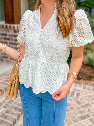 White Eloise Eyelet Peplum Top