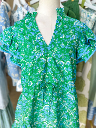 Kelly Green & Cerulean Alina Floral Ruffle Shift Mini Dress
