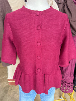 The Burgundy Hadley Peplum Short Sleeve Cardigan