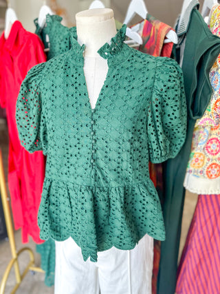 Hunter Green Eloise Eyelet Peplum Top