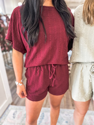 Burgundy Easy Breezy Textured Knit Shorts SET