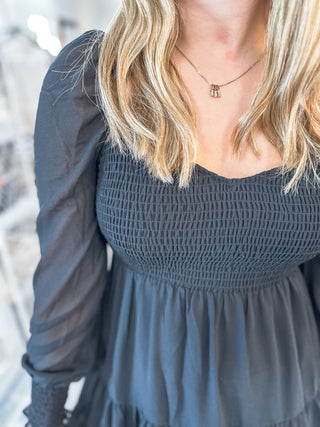 Chasing Daydreams Sheer Long Sleeve Smocking Tiered Dress
