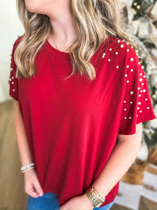 Crimson Pearls Short Sleeve Top