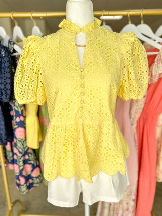 Lemon Yellow Eloise Eyelet Peplum Top