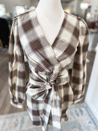 Brown Fireside Plaid Tie Mini Dress