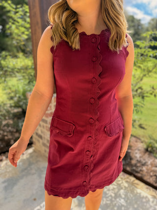 Wine Sweet Detail Scallop Trim Mini Dress