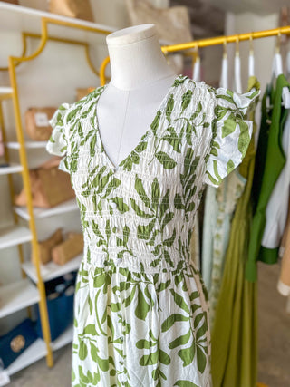 Leaf Print Smocked Mock Button Midi Dress