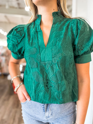 Green Everleaf Eyelet Short Sleeve V-Neck Top