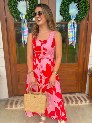 Pink Bold Bloom Belted Midi Dress