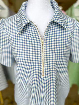 Blue Go-To Gingham Half Zip Mini Dress