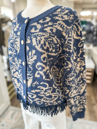 Navy Chateau Knit Fringe Cardigan