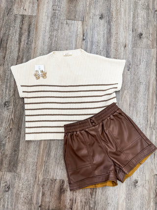 Mocha Perfectly Knitted Striped Mock Neck Sweater Top