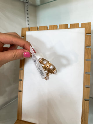Worn Gold W/ Pearl Square Stone Accents 1.25" Hoop Earrings