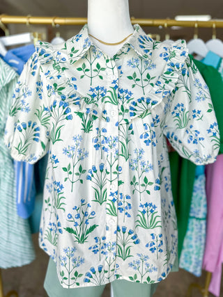 Blue & Green Ditsy Floral Ruffle Defined Collar Top