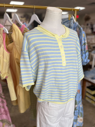 Blue Lemonade Striped Short Sleeve Henley Knit Top