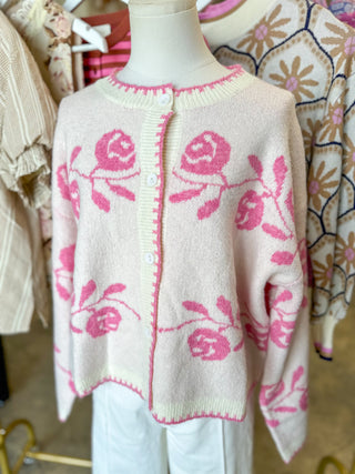Ivory/Pink Petals & Promises Bell Sleeve Cardigan Sweater