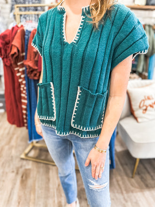 Teal Enchanted Double Pocket Cream Sewn Hem V-Neck Sweater