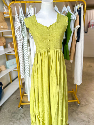 Kiwi Green Sweetheart Smocked Mock Button Midi Dress