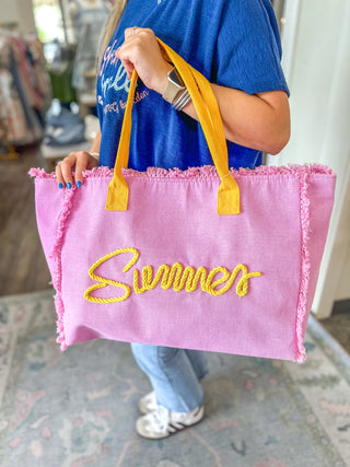 Pink Sewn Rope Summer Fringe Tote