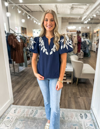 Navy Vine Embroidered Top