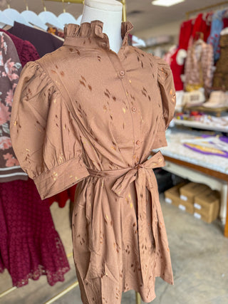 Mocha Metallic Shine Mini Dress