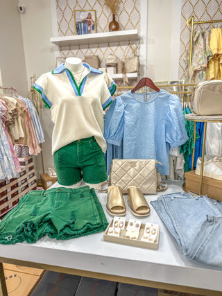 Cream/Blue/Green Preppy Trim Butterfly Sleeve V-Neck Top