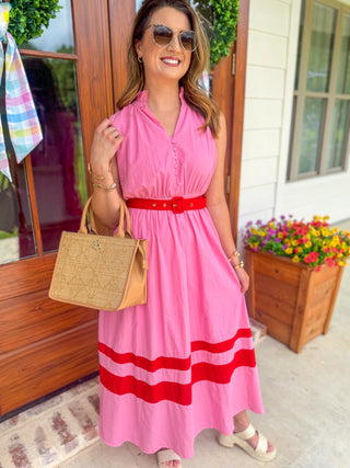 Pink Coastal Elegance Belted Midi Dress