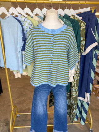 Blue & Olive Striped Weekend Stroll Button Down Cardigan