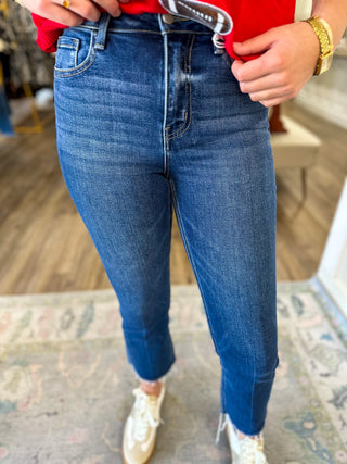 Bella Dark Wash High Rise Raw Step Hem Kick Flare Jeans