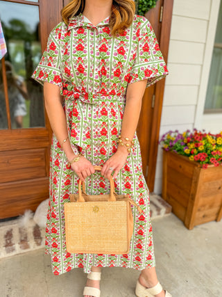 Red Sweet Stroll Floral Belted Midi Dress