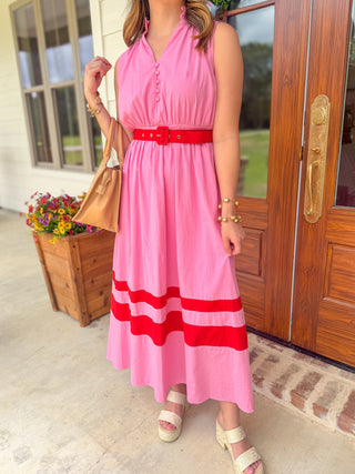 Pink Coastal Elegance Belted Midi Dress