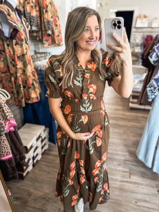 Brown Flora Midi Dress